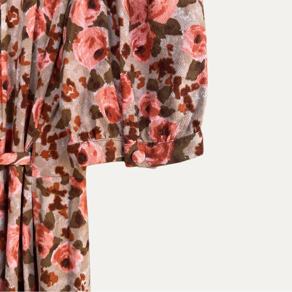 ROUJE Pink Tan Classic Retro Floral Printed Tea Rose Louisa Midi Wrap Dress 4/6 - Picture 9 of 14